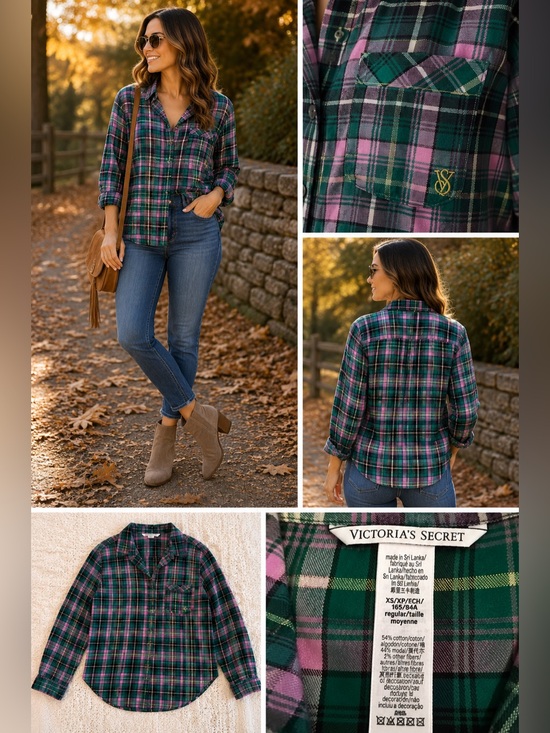 Victoria's Secret Tops - Victoria’s Secret Plaid Button Up Shirt XS -SM Metallic Thread Cotton Modal